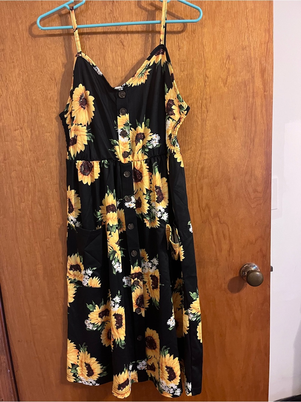 Sunflower Print Black Midi Sundress with Buttons